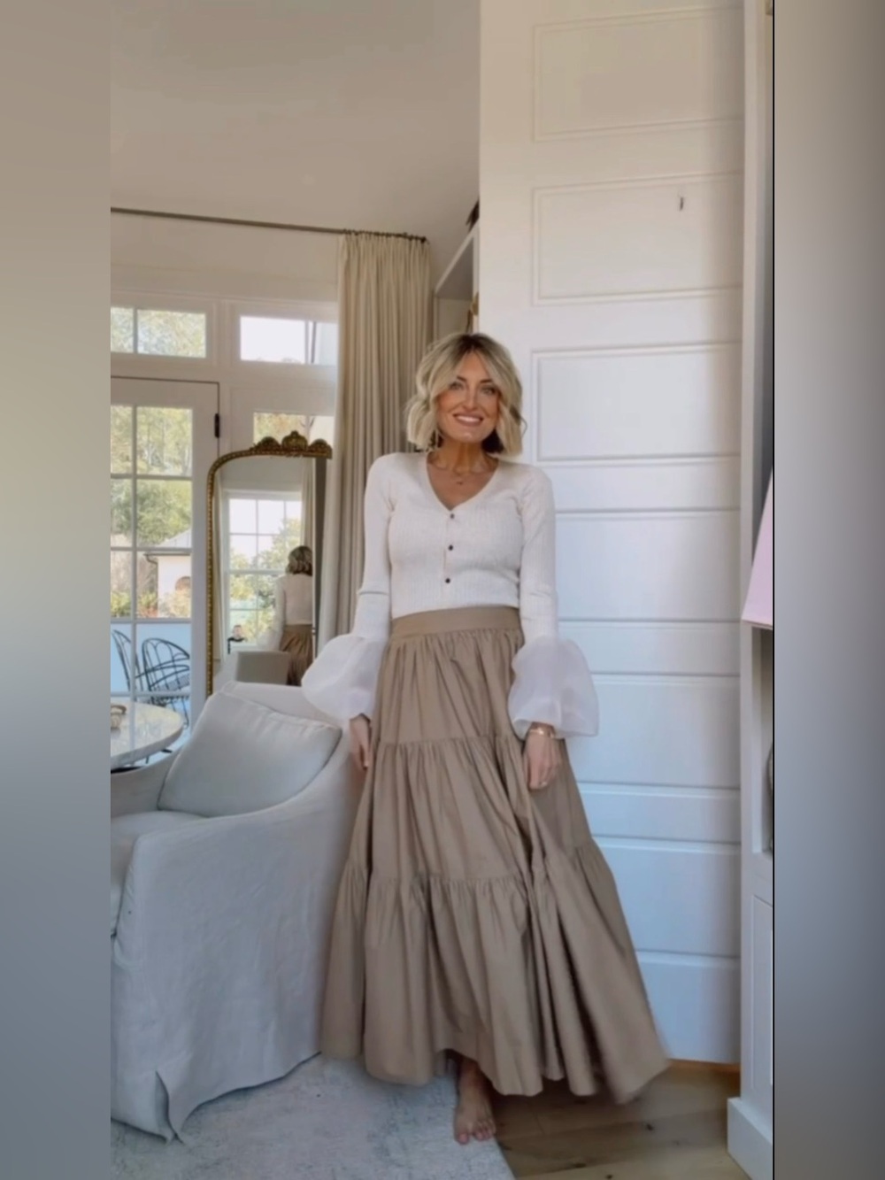H&M Cream Long Sleeve Top with Tan Tiered Maxi Skirt